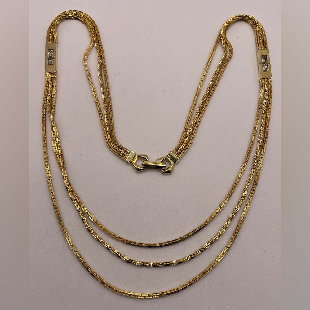 Vintage Gold Tone Multi Chain Necklace with Faceted Crystal Accents